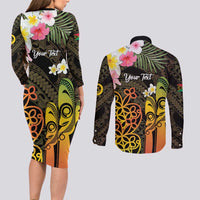 Personalised Vanuatu Independence Day Couples Matching Long Sleeve Bodycon Dress and Long Sleeve Button Shirt Carving Drum Sand Drawing Turtle LT14 - Polynesian Pride