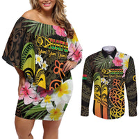Personalised Vanuatu Independence Day Couples Matching Off Shoulder Short Dress and Long Sleeve Button Shirt Carving Drum Sand Drawing Turtle LT14 Black - Polynesian Pride