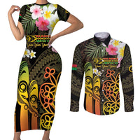 Personalised Vanuatu Independence Day Couples Matching Short Sleeve Bodycon Dress and Long Sleeve Button Shirt Carving Drum Sand Drawing Turtle LT14 Black - Polynesian Pride