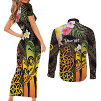 Personalised Vanuatu Independence Day Couples Matching Short Sleeve Bodycon Dress and Long Sleeve Button Shirt Carving Drum Sand Drawing Turtle LT14 - Polynesian Pride