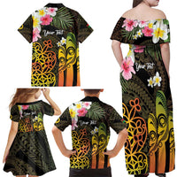 Personalised Vanuatu Independence Day Family Matching Off Shoulder Maxi Dress and Hawaiian Shirt Carving Drum Sand Drawing Turtle