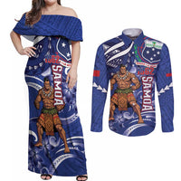 Samoa Independence Day Couples Matching Off Shoulder Maxi Dress and Long Sleeve Button Shirt 1962 Proud Samoan Warrior LT14 Blue - Polynesian Pride