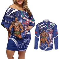 Samoa Independence Day Couples Matching Off Shoulder Short Dress and Long Sleeve Button Shirt 1962 Proud Samoan Warrior LT14 Blue - Polynesian Pride