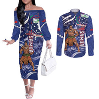 Samoa Independence Day Couples Matching Off The Shoulder Long Sleeve Dress and Long Sleeve Button Shirt 1962 Proud Samoan Warrior LT14 Blue - Polynesian Pride