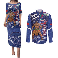 Samoa Independence Day Couples Matching Puletasi and Long Sleeve Button Shirt 1962 Proud Samoan Warrior LT14 Blue - Polynesian Pride
