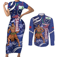 Samoa Independence Day Couples Matching Short Sleeve Bodycon Dress and Long Sleeve Button Shirt 1962 Proud Samoan Warrior LT14 Blue - Polynesian Pride