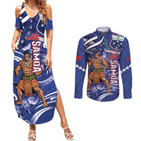 Samoa Independence Day Couples Matching Summer Maxi Dress and Long Sleeve Button Shirt 1962 Proud Samoan Warrior LT14 Blue - Polynesian Pride