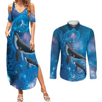 Paikea New Zealand Matariki Couples Matching Summer Maxi Dress and Long Sleeve Button Shirt Humpback Whale Taniko Motifs Ocean Vibes