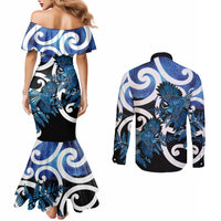 Piwakawaka New Zealand Matariki Couples Matching Mermaid Dress and Long Sleeve Button Shirt Maori New Year Silver Fern Blue Galaxy