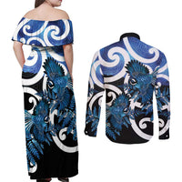 Piwakawaka New Zealand Matariki Couples Matching Off Shoulder Maxi Dress and Long Sleeve Button Shirt Maori New Year Silver Fern Blue Galaxy