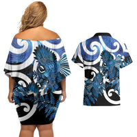 Piwakawaka New Zealand Matariki Couples Matching Off Shoulder Short Dress and Hawaiian Shirt Maori New Year Silver Fern Blue Galaxy