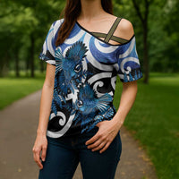 Piwakawaka New Zealand Matariki Cross Shoulder Shirt Maori New Year Silver Fern Blue Galaxy