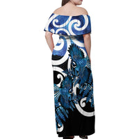 Piwakawaka New Zealand Matariki Family Matching Off Shoulder Maxi Dress and Hawaiian Shirt Maori New Year Silver Fern Blue Galaxy