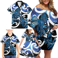 Piwakawaka New Zealand Matariki Family Matching Off Shoulder Short Dress and Hawaiian Shirt Maori New Year Silver Fern Blue Galaxy