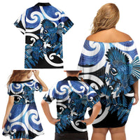 Piwakawaka New Zealand Matariki Family Matching Off Shoulder Short Dress and Hawaiian Shirt Maori New Year Silver Fern Blue Galaxy
