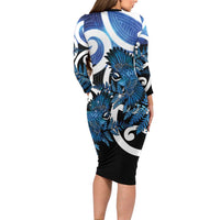 Piwakawaka New Zealand Matariki Long Sleeve Bodycon Dress Maori New Year Silver Fern Blue Galaxy