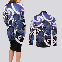 Piwakawaka New Zealand Matariki Couples Matching Long Sleeve Bodycon Dress and Long Sleeve Button Shirt Maori New Year Silver Fern Purple Galaxy