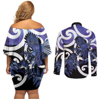 Piwakawaka New Zealand Matariki Couples Matching Off Shoulder Short Dress and Long Sleeve Button Shirt Maori New Year Silver Fern Purple Galaxy