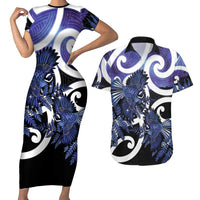 Piwakawaka New Zealand Matariki Couples Matching Short Sleeve Bodycon Dress and Hawaiian Shirt Maori New Year Silver Fern Purple Galaxy