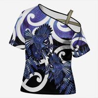 Piwakawaka New Zealand Matariki Cross Shoulder Shirt Maori New Year Silver Fern Purple Galaxy