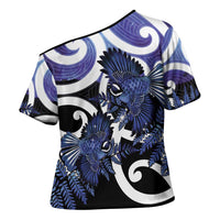 Piwakawaka New Zealand Matariki Cross Shoulder Shirt Maori New Year Silver Fern Purple Galaxy