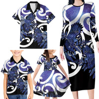 Piwakawaka New Zealand Matariki Family Matching Long Sleeve Bodycon Dress and Hawaiian Shirt Maori New Year Silver Fern Purple Galaxy