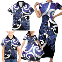 Piwakawaka New Zealand Matariki Family Matching Short Sleeve Bodycon Dress and Hawaiian Shirt Maori New Year Silver Fern Purple Galaxy