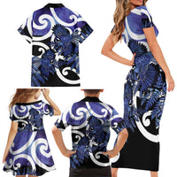 Piwakawaka New Zealand Matariki Family Matching Short Sleeve Bodycon Dress and Hawaiian Shirt Maori New Year Silver Fern Purple Galaxy