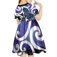 Piwakawaka New Zealand Matariki Kid Short Sleeve Dress Maori New Year Silver Fern Purple Galaxy