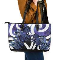 Piwakawaka New Zealand Matariki Leather Tote Bag Maori New Year Silver Fern Purple Galaxy
