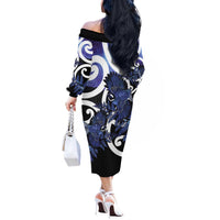 Piwakawaka New Zealand Matariki Off The Shoulder Long Sleeve Dress Maori New Year Silver Fern Purple Galaxy