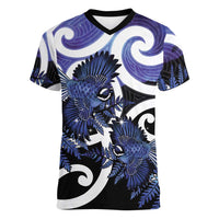Piwakawaka New Zealand Matariki Women V-Neck T-Shirt Maori New Year Silver Fern Purple Galaxy