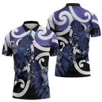 Piwakawaka New Zealand Matariki Zipper Polo Shirt Maori New Year Silver Fern Purple Galaxy