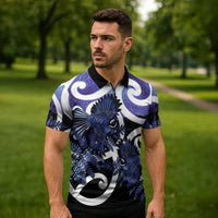 Piwakawaka New Zealand Matariki Zipper Polo Shirt Maori New Year Silver Fern Purple Galaxy