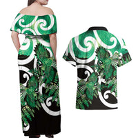 Piwakawaka New Zealand Matariki Couples Matching Off Shoulder Maxi Dress and Hawaiian Shirt Maori New Year Silver Fern Green Galaxy