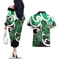 Piwakawaka New Zealand Matariki Couples Matching Off The Shoulder Long Sleeve Dress and Hawaiian Shirt Maori New Year Silver Fern Green Galaxy