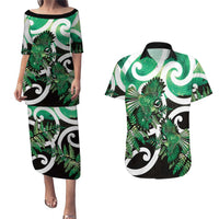 Piwakawaka New Zealand Matariki Couples Matching Puletasi and Hawaiian Shirt Maori New Year Silver Fern Green Galaxy