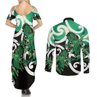 Piwakawaka New Zealand Matariki Couples Matching Summer Maxi Dress and Long Sleeve Button Shirt Maori New Year Silver Fern Green Galaxy
