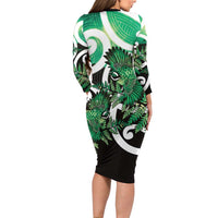 Piwakawaka New Zealand Matariki Family Matching Long Sleeve Bodycon Dress and Hawaiian Shirt Maori New Year Silver Fern Green Galaxy