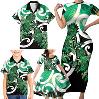 Piwakawaka New Zealand Matariki Family Matching Short Sleeve Bodycon Dress and Hawaiian Shirt Maori New Year Silver Fern Green Galaxy