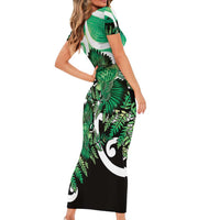 Piwakawaka New Zealand Matariki Family Matching Short Sleeve Bodycon Dress and Hawaiian Shirt Maori New Year Silver Fern Green Galaxy
