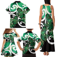 Piwakawaka New Zealand Matariki Family Matching Tank Maxi Dress and Hawaiian Shirt Maori New Year Silver Fern Green Galaxy