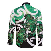 Piwakawaka New Zealand Matariki Long Sleeve Button Shirt Maori New Year Silver Fern Green Galaxy