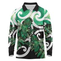 Piwakawaka New Zealand Matariki Long Sleeve Polo Shirt Maori New Year Silver Fern Green Galaxy