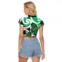 Piwakawaka New Zealand Matariki Raglan Cropped T Shirt Maori New Year Silver Fern Green Galaxy