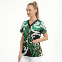 Piwakawaka New Zealand Matariki Scrub Top Maori New Year Silver Fern Green Galaxy