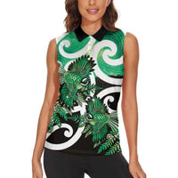Piwakawaka New Zealand Matariki Women Sleeveless Polo Shirt Maori New Year Silver Fern Green Galaxy