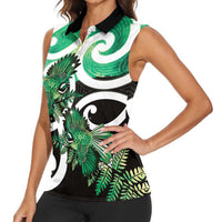 Piwakawaka New Zealand Matariki Women Sleeveless Polo Shirt Maori New Year Silver Fern Green Galaxy