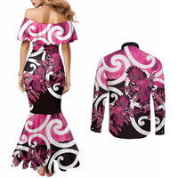 Piwakawaka New Zealand Matariki Couples Matching Mermaid Dress and Long Sleeve Button Shirt Maori New Year Silver Fern Pink Galaxy