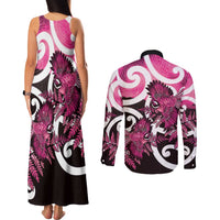 Piwakawaka New Zealand Matariki Couples Matching Tank Maxi Dress and Long Sleeve Button Shirt Maori New Year Silver Fern Pink Galaxy